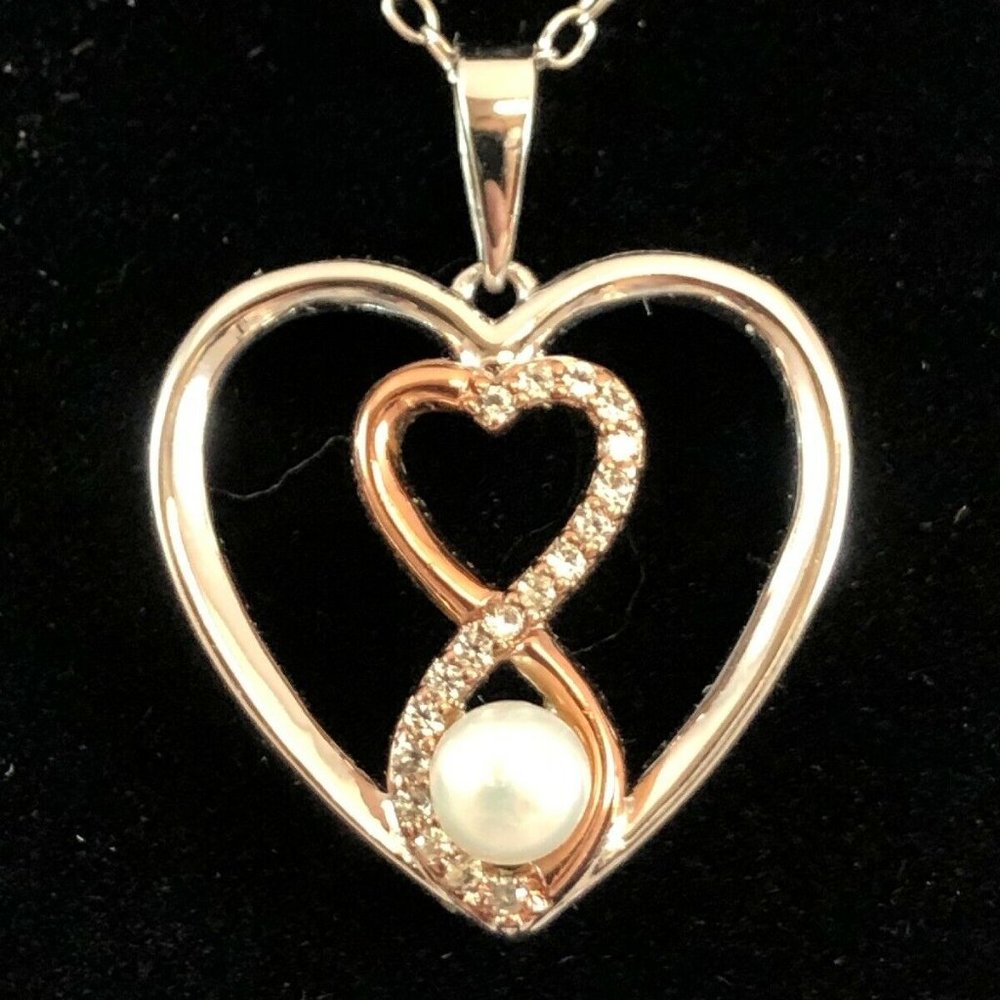18k Rose Gold sterling Silver Pearl Infinity Heart Necklace $125 nwb